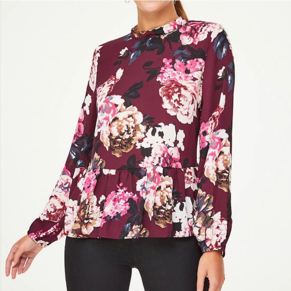 Loft Maroon Floral Blouse with Peplum